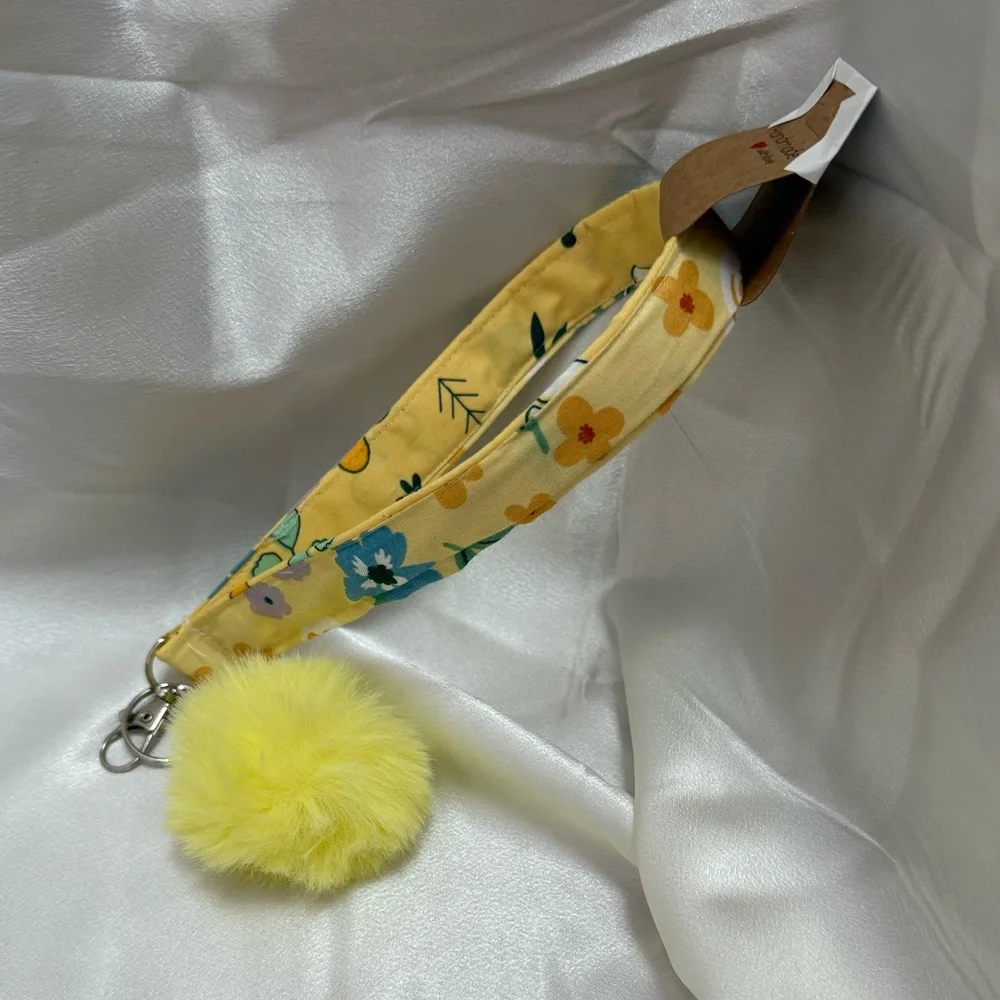 Handmade Yellow and Blue Floral Wristlet Keychain with Yellow Pompom